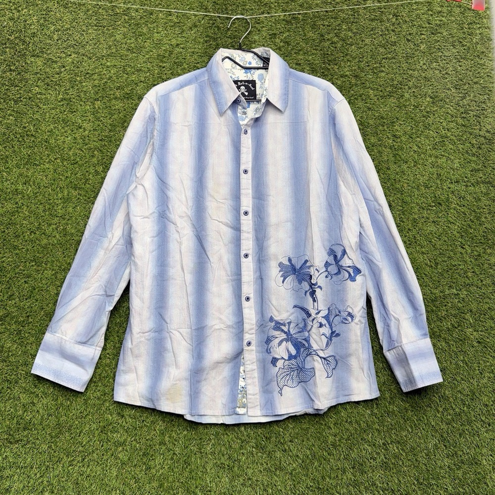 Rock Roll n Soul Shirt Mens Large Blue Button Up Y2K Guitar Long Sleeve Floral
